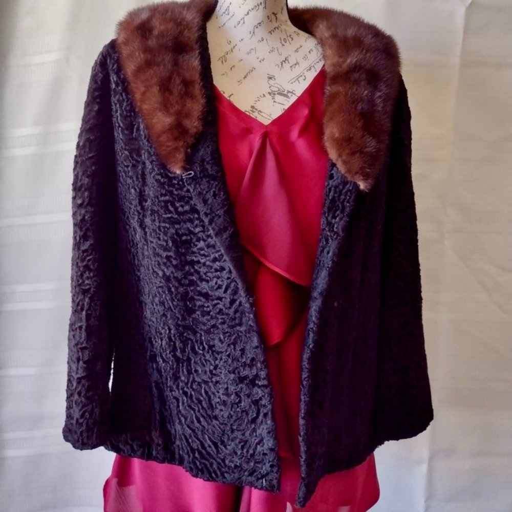 Women's Black Persian Lamb with mink Black Fur collar jacket Handmade with cloth